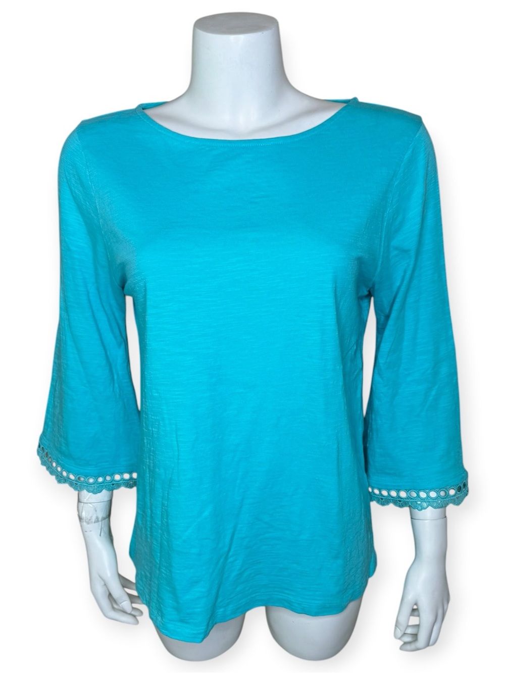 Chico’s Bell Sleeve Crochet Trim Knit Top Size 1 Medium Turquoise Blue